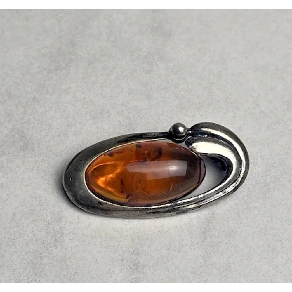 Vintage Genuine Amber Sterling Silver 925 Oval Brooch Pin Classic Estate Jewelry